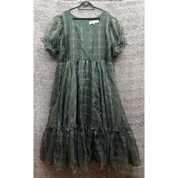 JessaKae Dresses & Skirts - Jessakae Puff-Sleeve Cordelia Maxi Dress Green Plaid Womens Plus Size 4X